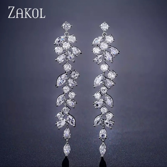 Cubic Zirconia Crystal Long Drop Leaf Earrings - Picture 1 of 4